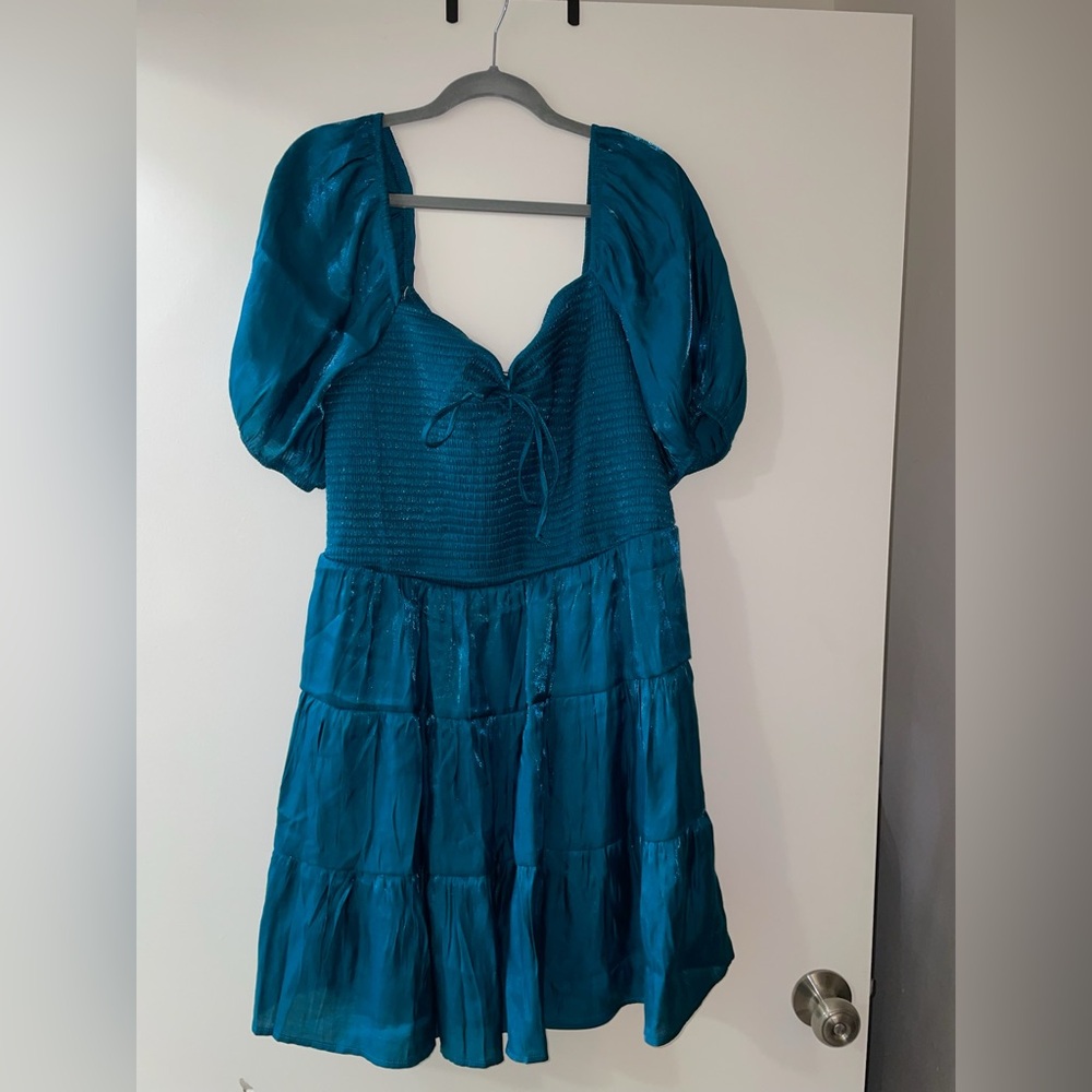 NWOT Heart & Heels Metallic Blue Puffed Sleeves Mini Tiered Dress Size 2X